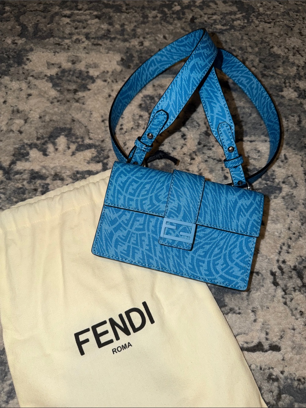 Fendi Blue FF Vertigo Canvas Small Baguette Bag